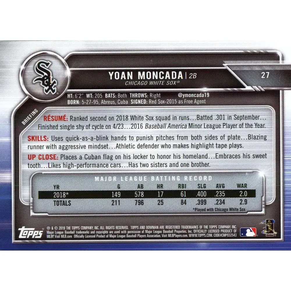 2019 Bowman Yoan Moncada #27 Chicago White Sox